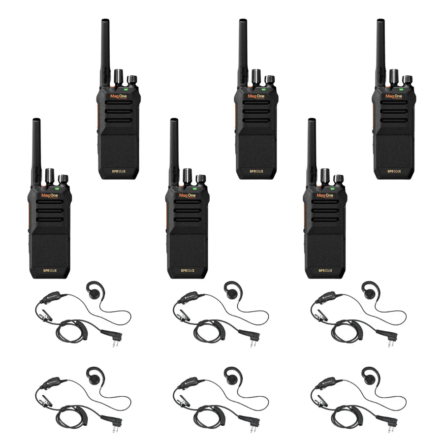 Set of 6 BPR50dx walkie-talkies with HKLN4604 earpieces on a white background
