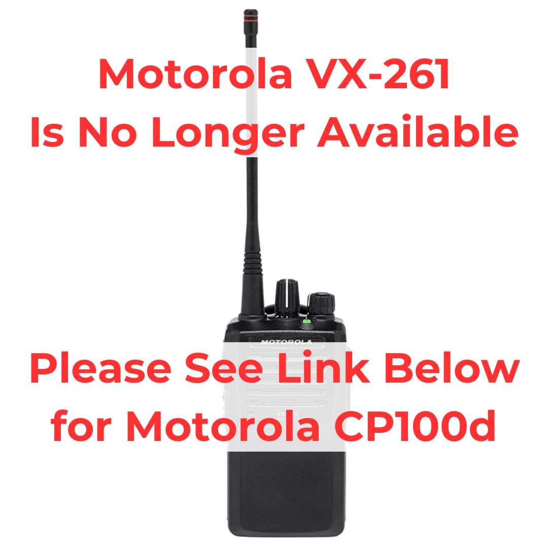 Motorola VX-261 radio discontinued notice with message to see Motorola CP100d replacement
