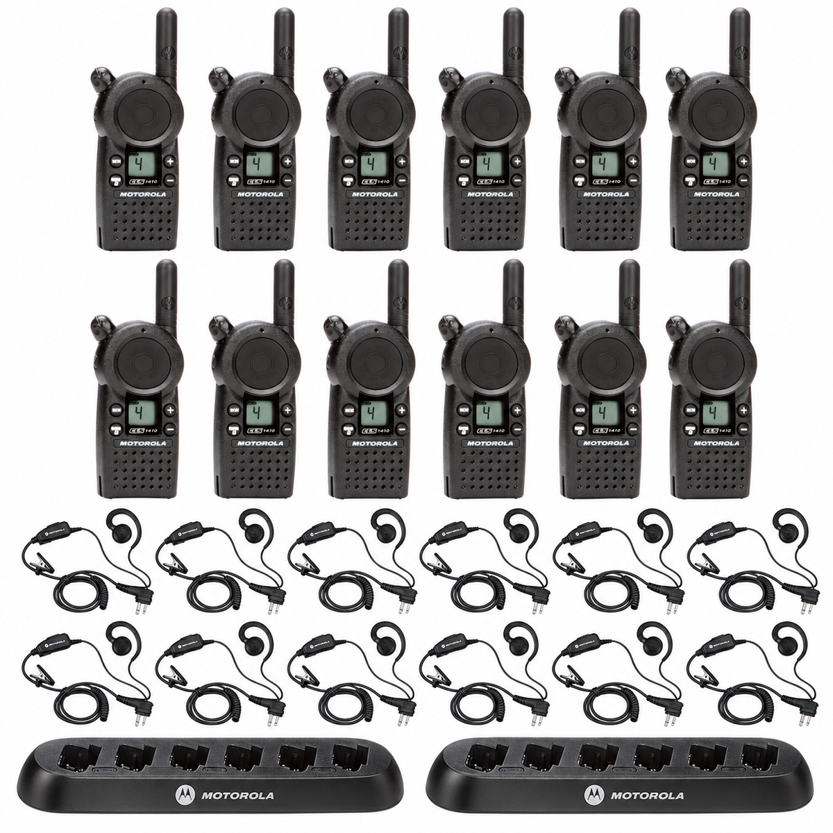 Motorola CLS1413 12 Pack Bundle With 2 Multicharger and Headsets