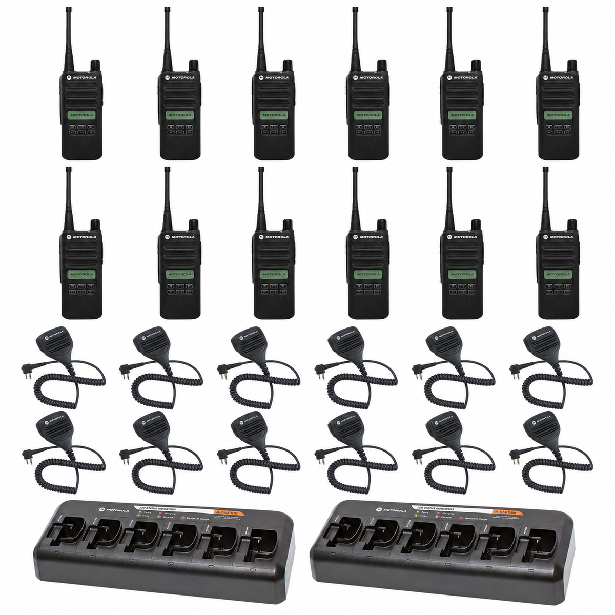 Motorola CP100D Limited-Display 12 Pack bundle with multi unit charger and Speaker Microphones