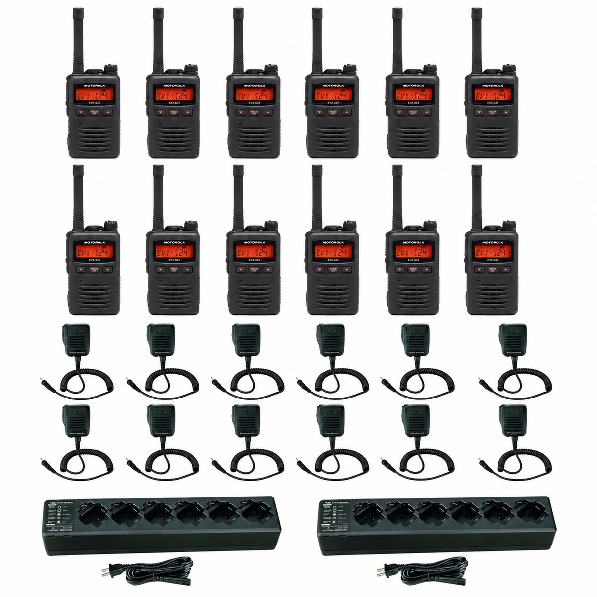 Motorola EVX-S24 3 Watt 256 Channel Digital Radio 12 pack with 2 Multi Unit Chargers and Speaker Microphones