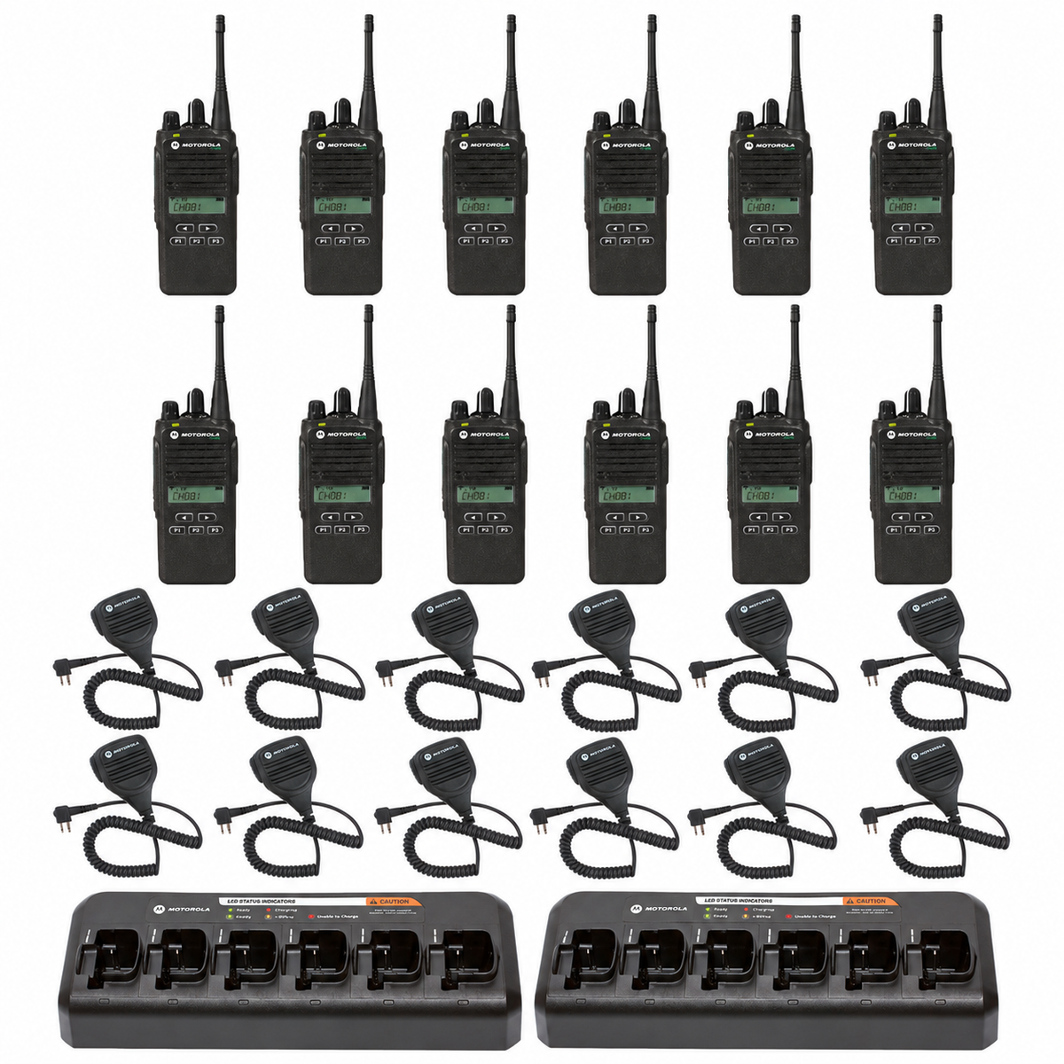 Motorola CP185 12 Pack Bundle with Multi Unit Charger and Speaker Microphones