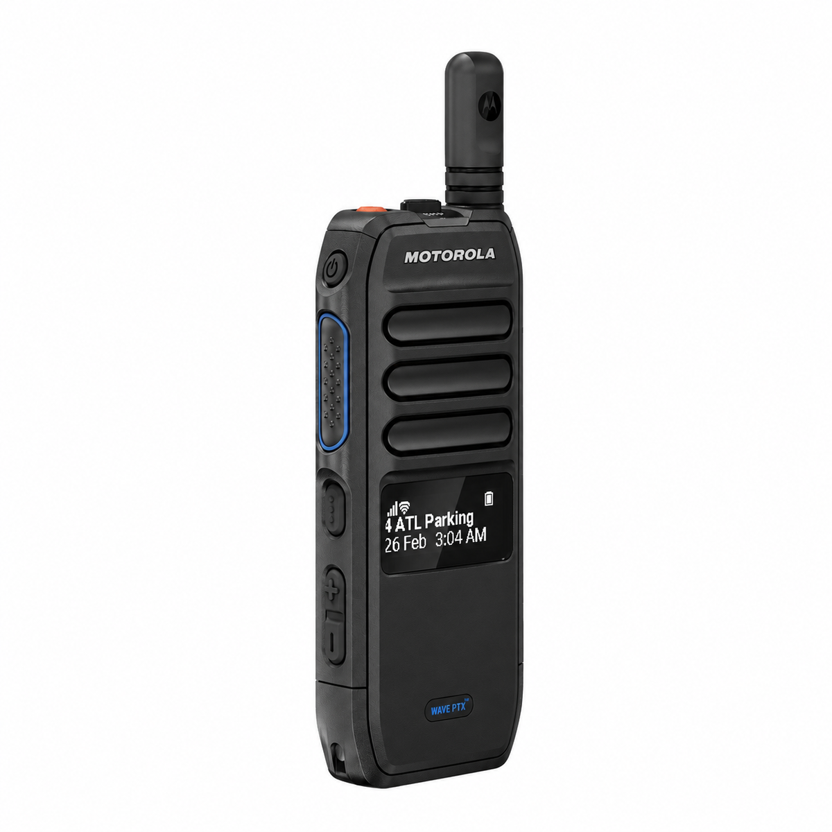 Motorola TLK 200 WAVE PTX radio — right side view on white background