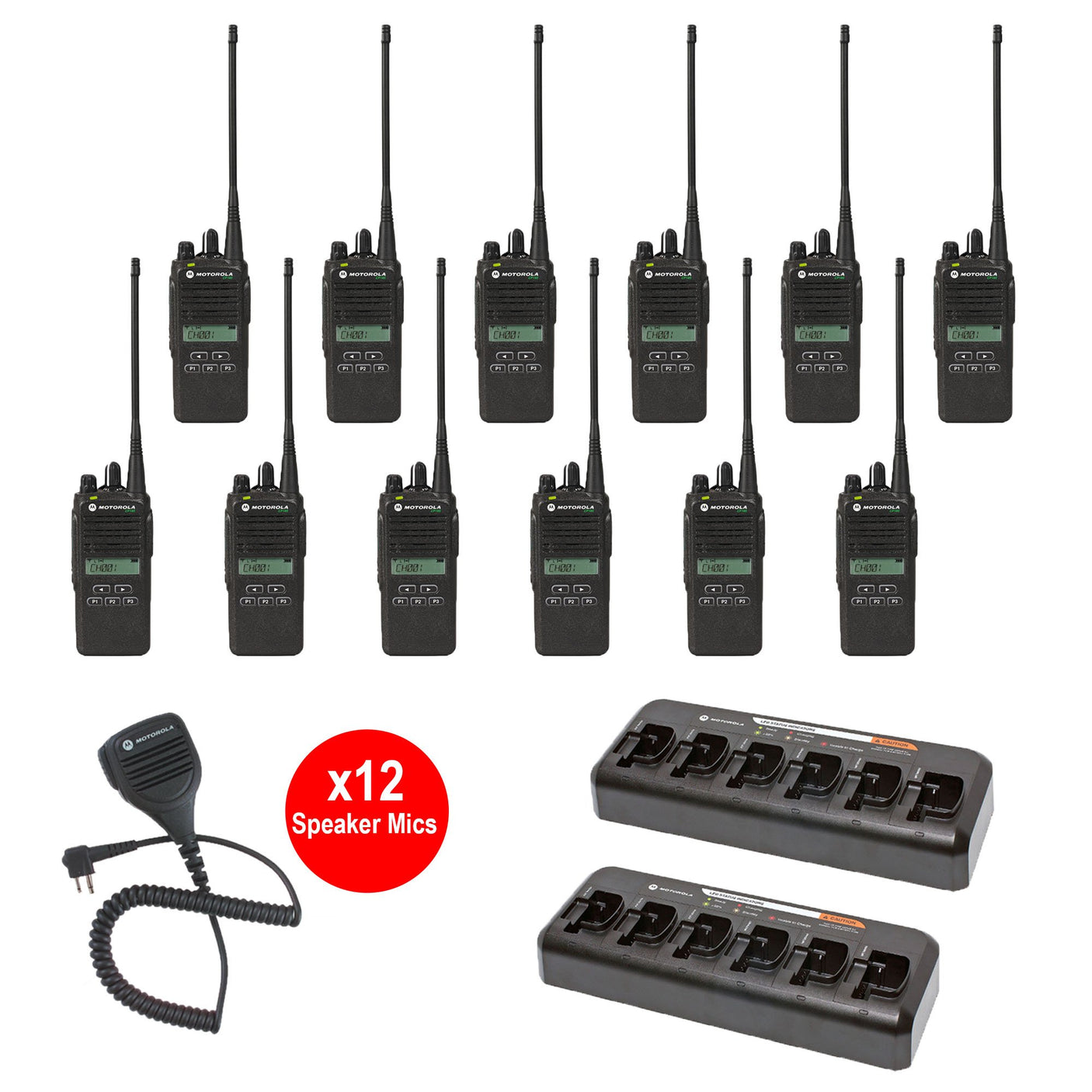 Motorola CP185 12 Pack Bundle with Multi Unit Charger and Speaker Microphones