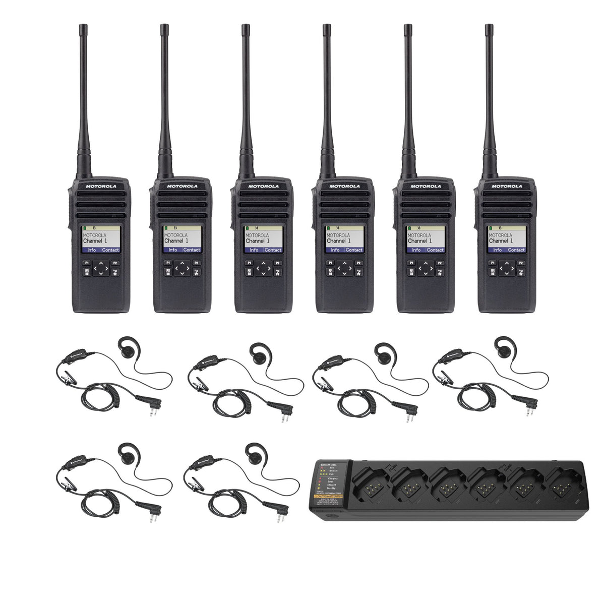 Motorola DTR700 6 Pack Bundle with Multi-Unit Charger and Headsets