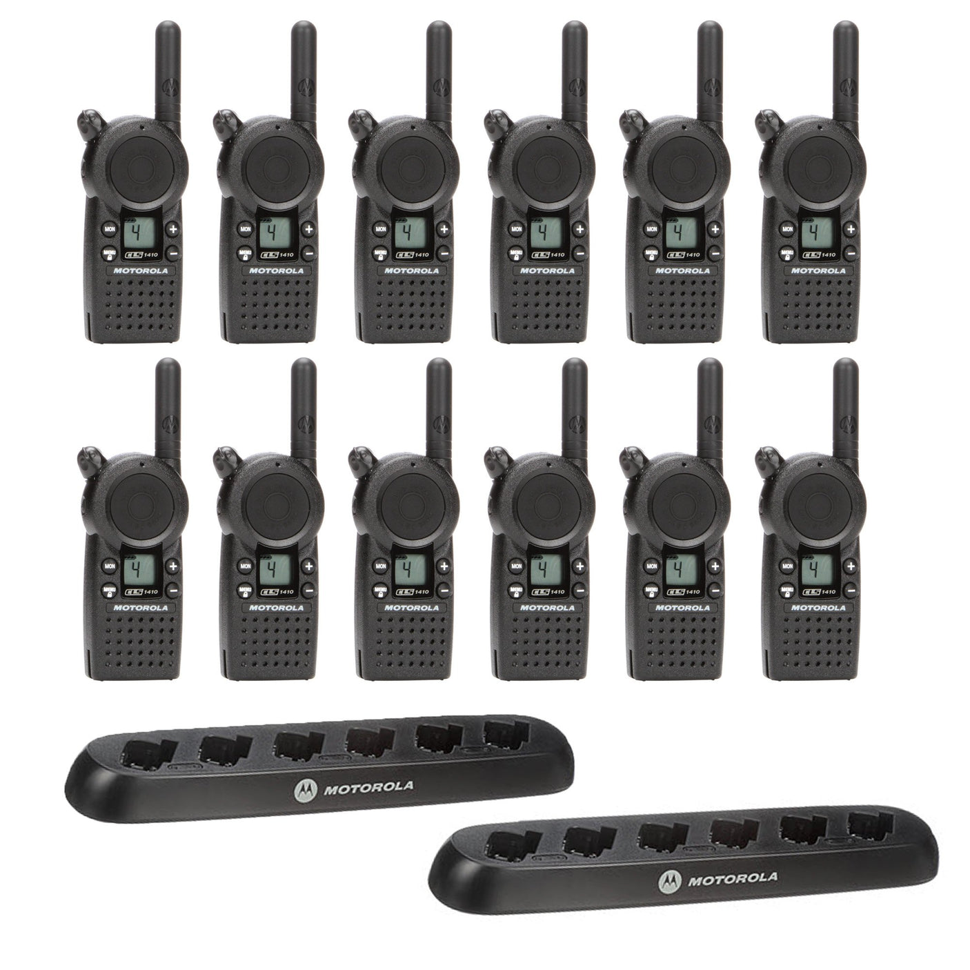 Top-down view of the Motorola CLS1413 12 Pack Two-Way Radio Bundle, featuring twelve compact UHF business radios and two Motorola 56531 6-port multi-unit charging trays, designed for high-demand team communication in Canadian retail, hospitality, and education environments.