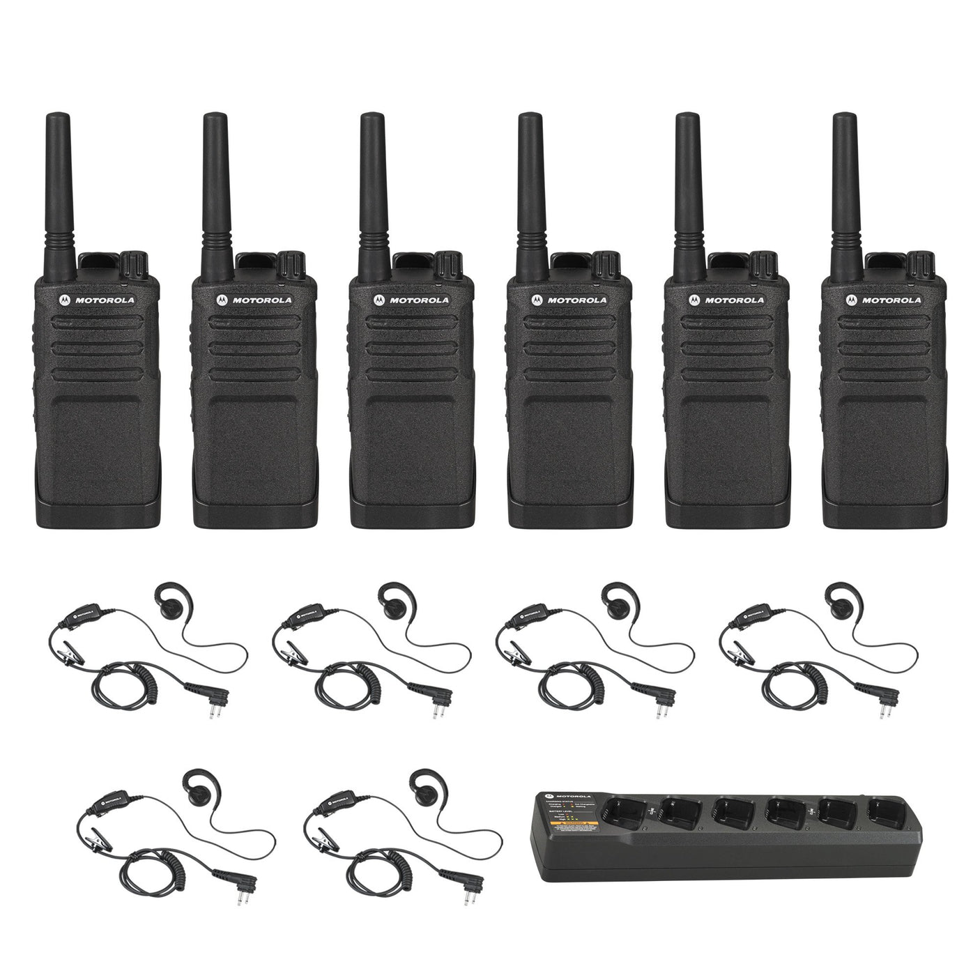 Motorola RMU2043 6-pack UHF two-way radios with six discreet headsets and one multi-unit charger