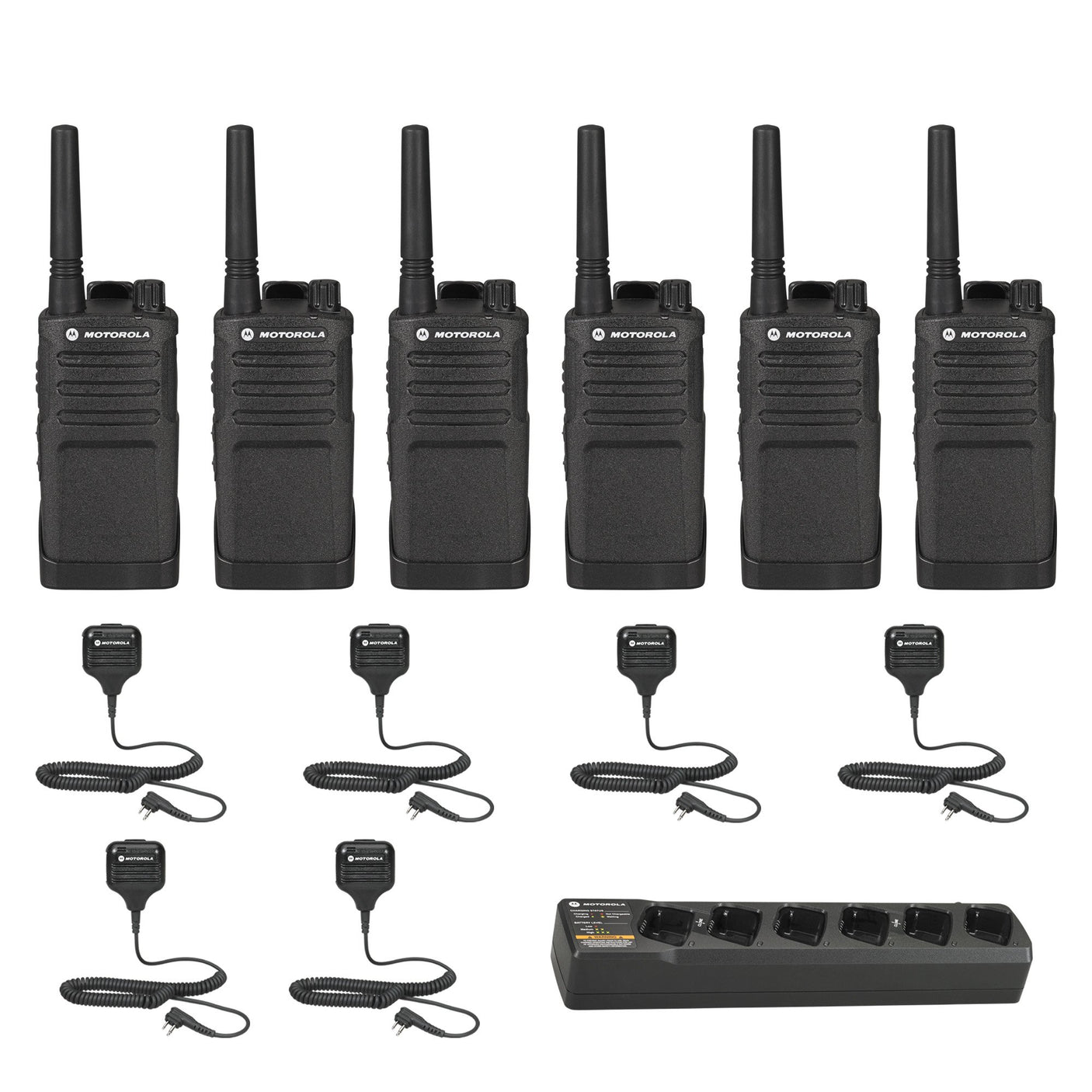 Motorola RMU2043 6-pack UHF two-way radios with six remote speaker microphones and one multi-unit charger