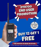 
              Motorola DTR700 Promotion - Buy 12 Get 1 Free offer valid November 1st to 30th, 2024. Promotion banner highlighting the DTR700 two-way radio back in stock through twowayradiogear.com, a Motorola Solutions Value Added Reseller.
            