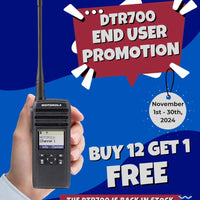 Motorola DTR700 Promotion - Buy 12 Get 1 Free offer valid November 1st to 30th, 2024. Promotion banner highlighting the DTR700 two-way radio back in stock through twowayradiogear.com, a Motorola Solutions Value Added Reseller.