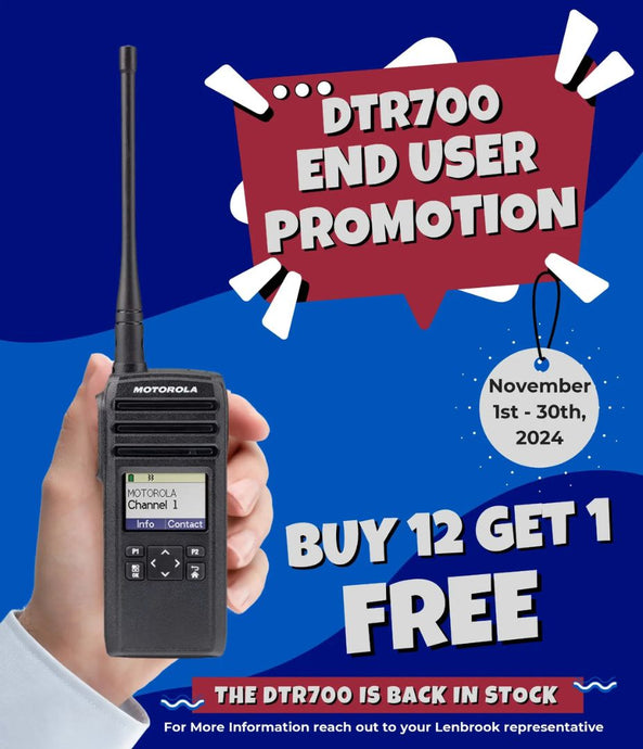 Motorola DTR700 Promotion - Buy 12 Get 1 Free offer valid November 1st to 30th, 2024. Promotion banner highlighting the DTR700 two-way radio back in stock through twowayradiogear.com, a Motorola Solutions Value Added Reseller.