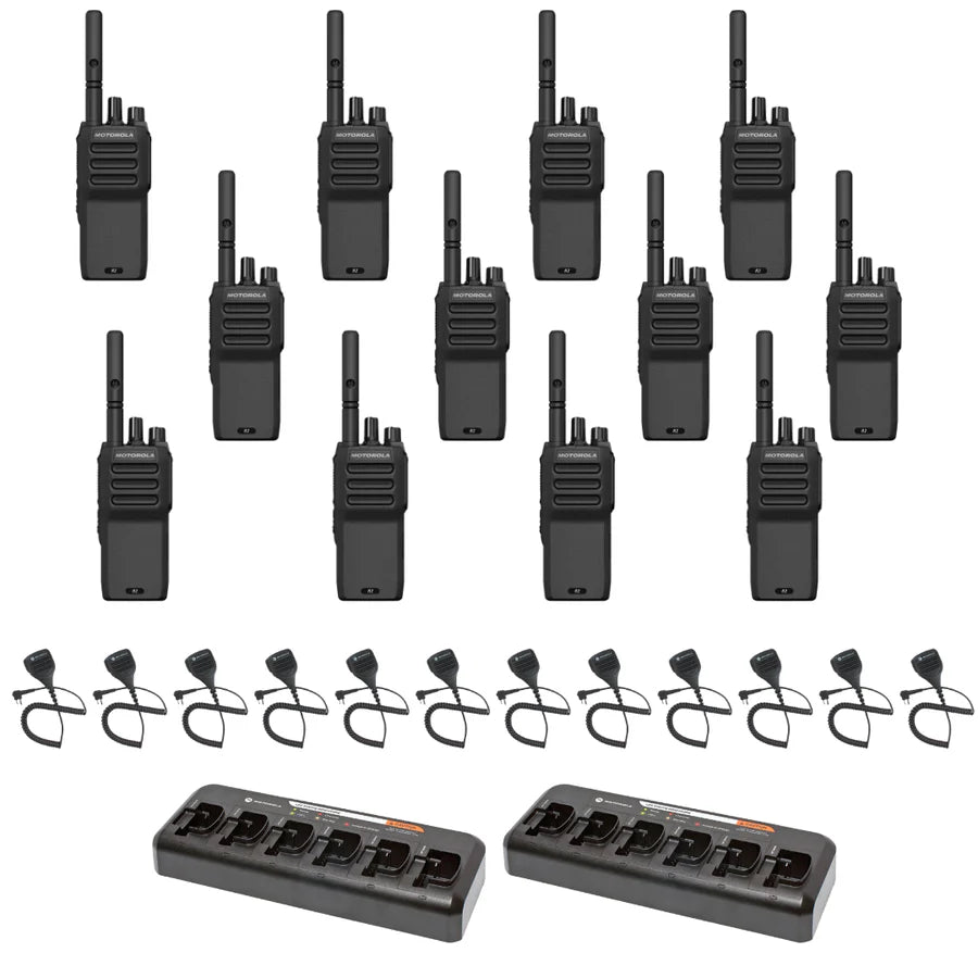 Motorola R2 Radio 12 Pack Bundle with Speaker Microphones and Multi-Unit Chargers