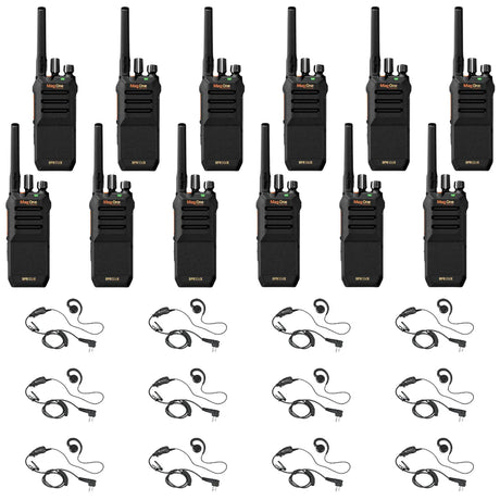 12 BPR50dx walkie-talkies with 12 HKLN4604 earpieces on a white background