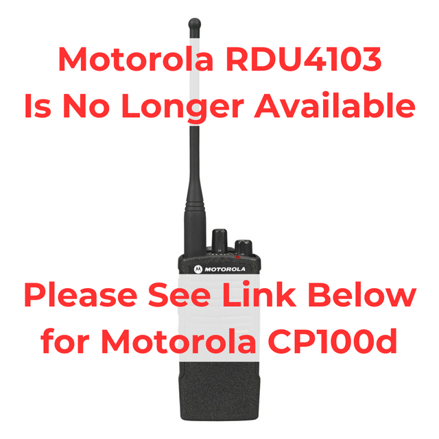 Motorola RDU4103 discontinued notice with message directing users to Motorola CP100d replacement