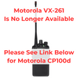 Motorola VX-261 radio discontinued notice with message to see Motorola CP100d replacement