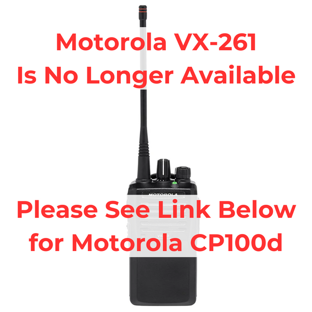 Motorola VX-261 radio discontinued notice with message to see Motorola CP100d replacement