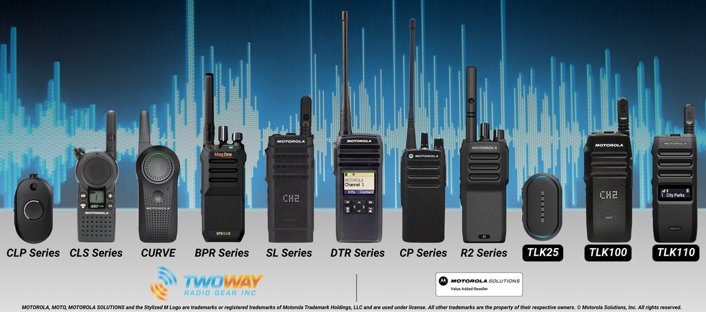 Motorola two-way radios lineup featuring CLP, CLS, CURVE, BPR, SL, DTR, CP, R2, TLK25, TLK100, and TLK110 series. Explore business radios designed for clear, powerful communication solutions across industries including retail, hospitality, security, logistics, and transportation. Available from authorized Canadian Motorola Solutions reseller, Two Way Radio Gear.