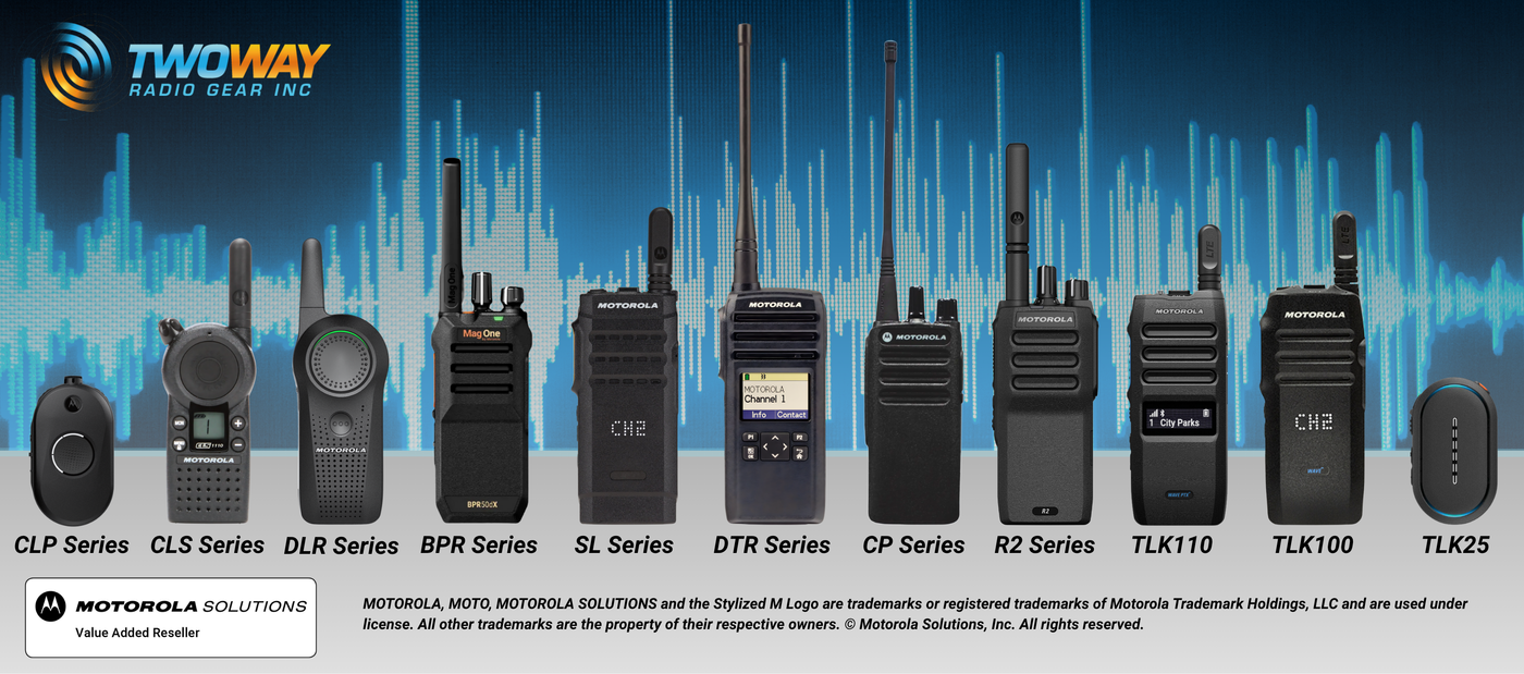 The complete lineup of Motorola Professional and Commercial Two-Way Radios offered by Two Way Radio Gear Canada. Pictured models include the CLP, CLS, DLR, BPR, SL, DTR, CP, R2, TLK110, TLK100, and TLK25.