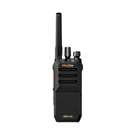 Motorola BPR50dX two-way radio featuring a rugged black design with Mag One branding, durable controls, and a compact build, designed for analog and digital communication in demanding environments.