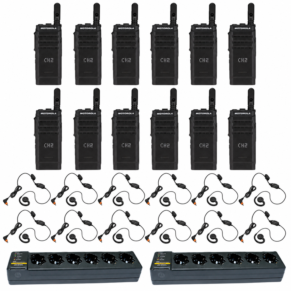 Motorola SL300 Display 12 Pack plus 2 Multi Unit Charger plus 12 PMLN7189 Swivel Earpiece