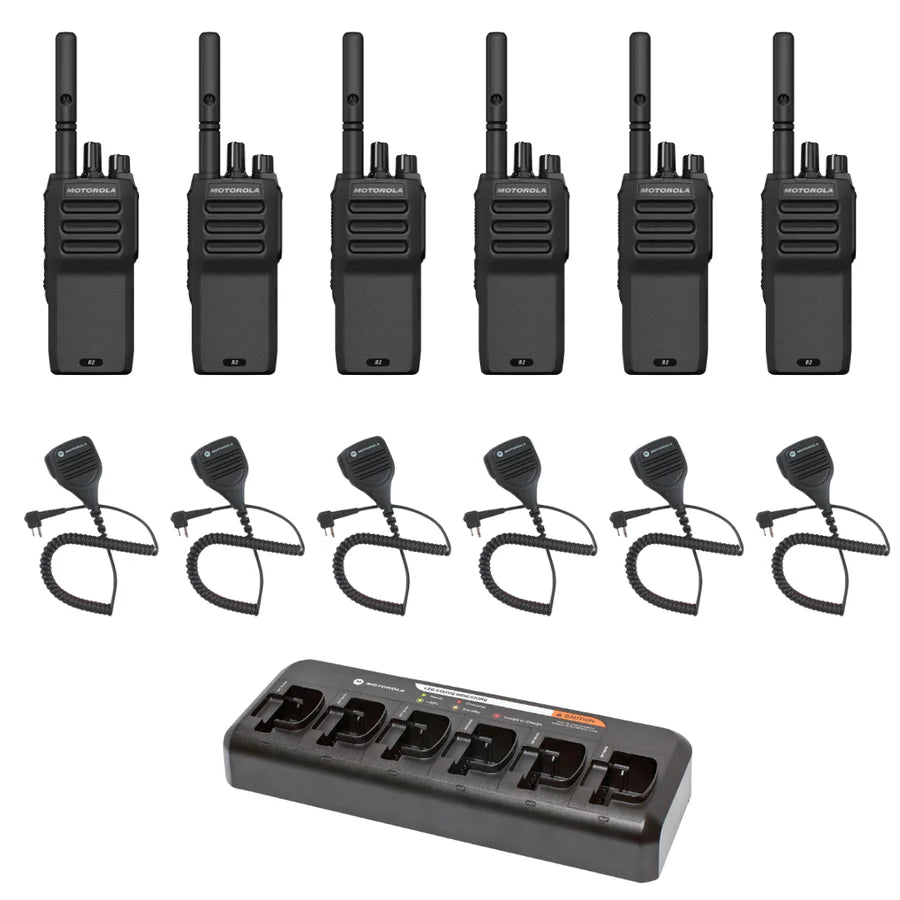 Motorola R2 6 Pack Bundle with Speaker Microphones and Multi-Unit Charger