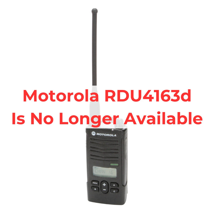 Motorola RDU4163d two-way radio with antenna shown. The RDU4163d has been discontinued and replaced by the Motorola CP100d. Visit Two Way Radio Gear for updated two-way radio solutions.