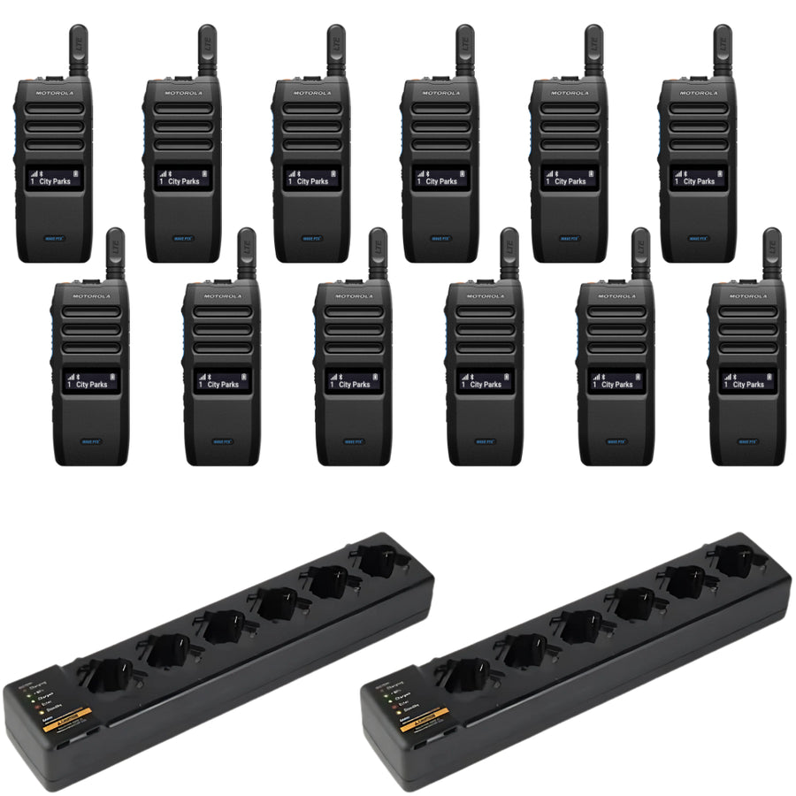 Motorola TLK110 Radio 12 Pack Bundle with 2 Multi-Unit Chargers