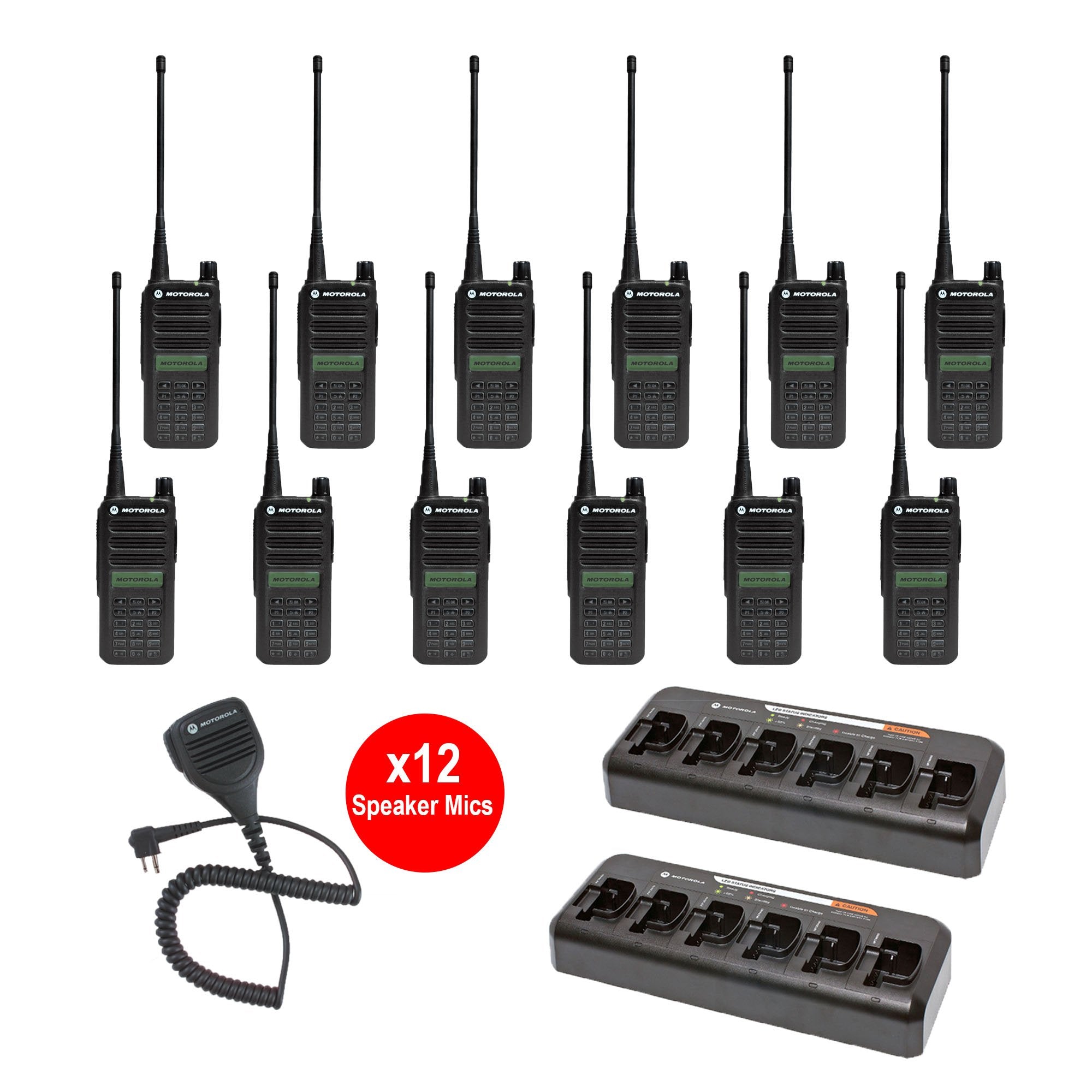 Motorola CP100D Full Keypad Display 12 Pack bundle with multi unit charger and Speaker Microphones
