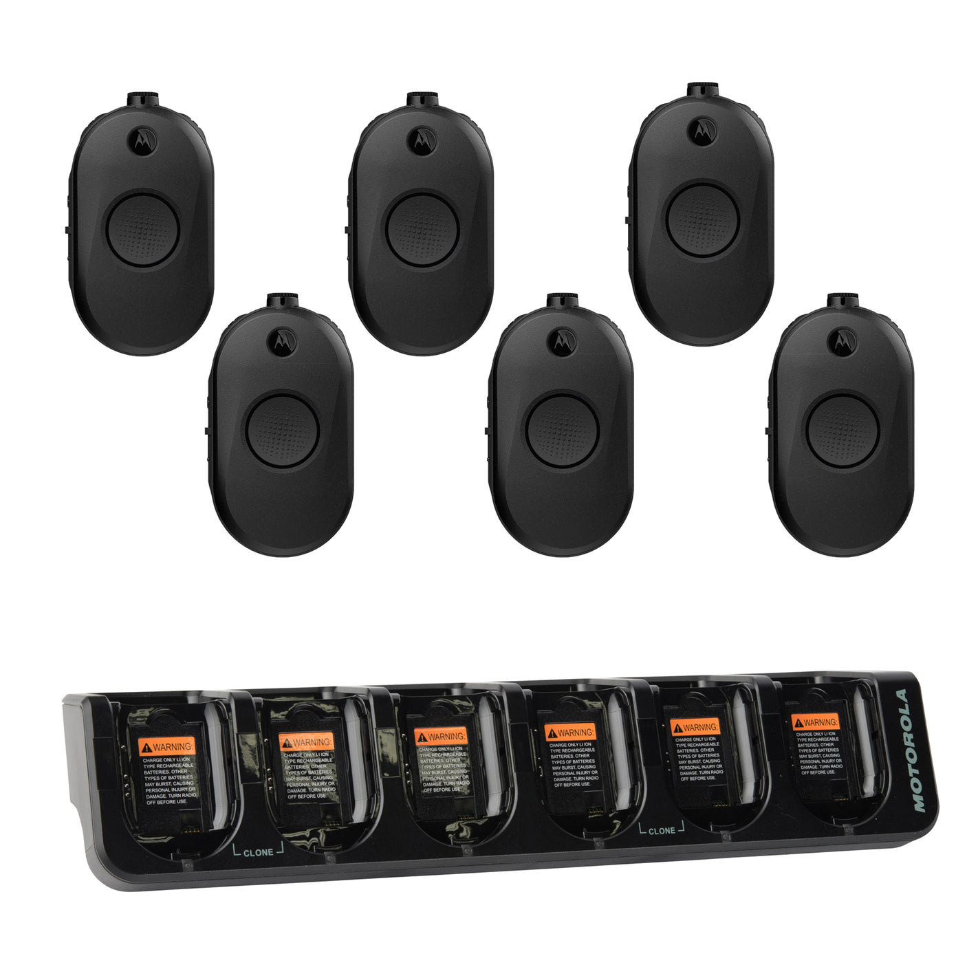 Six-pack Motorola CLP1013e radios with multi-unit charger for Canadian business teams