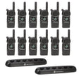 Top-down view of the Motorola CLS1413 12 Pack Two-Way Radio Bundle, featuring twelve compact UHF business radios and two Motorola 56531 6-port multi-unit charging trays, designed for high-demand team communication in Canadian retail, hospitality, and education environments.