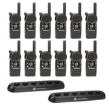 Top-down view of the Motorola CLS1413 12 Pack Two-Way Radio Bundle, featuring twelve compact UHF business radios and two Motorola 56531 6-port multi-unit charging trays, designed for high-demand team communication in Canadian retail, hospitality, and education environments.