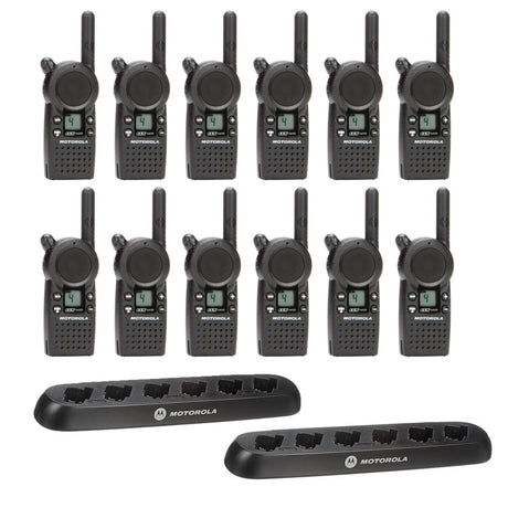 Top-down view of the Motorola CLS1413 12 Pack Two-Way Radio Bundle, featuring twelve compact UHF business radios and two Motorola 56531 6-port multi-unit charging trays, designed for high-demand team communication in Canadian retail, hospitality, and education environments.