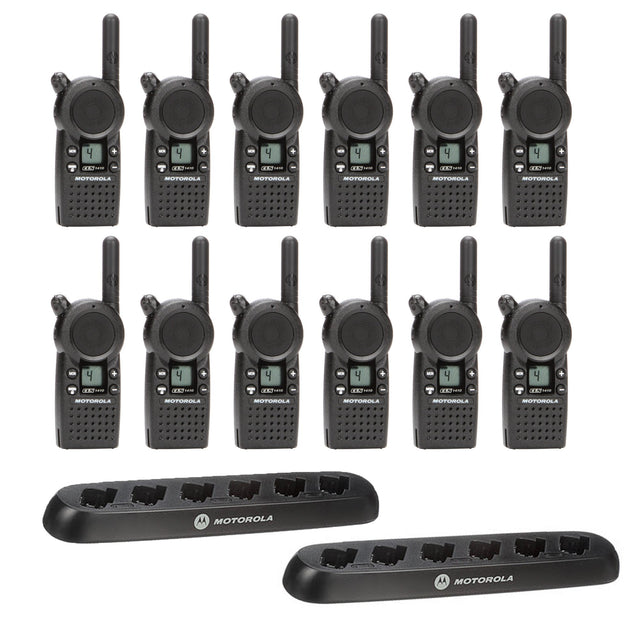 Top-down view of the Motorola CLS1413 12 Pack Two-Way Radio Bundle, featuring twelve compact UHF business radios and two Motorola 56531 6-port multi-unit charging trays, designed for high-demand team communication in Canadian retail, hospitality, and education environments.