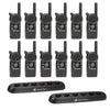 Top-down view of the Motorola CLS1413 12 Pack Two-Way Radio Bundle, featuring twelve compact UHF business radios and two Motorola 56531 6-port multi-unit charging trays, designed for high-demand team communication in Canadian retail, hospitality, and education environments.
