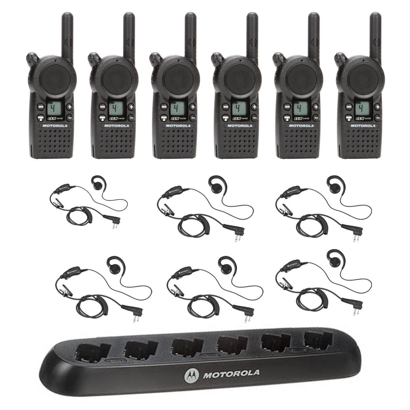 Motorola CLS1413 6-pack bundle with HKLN4604 headsets and 56531 6-unit charger for business use in Canada