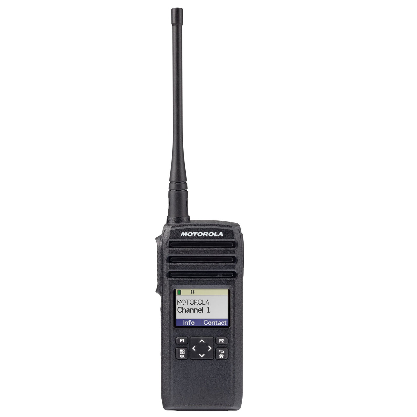 Front view of the Motorola DTR700 digital two-way radio with antenna and color display