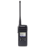 Front view of the Motorola DTR700 digital two-way radio with antenna and color display