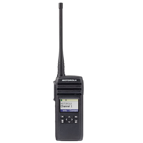 Front view of the Motorola DTR700 digital two-way radio with antenna and color display
