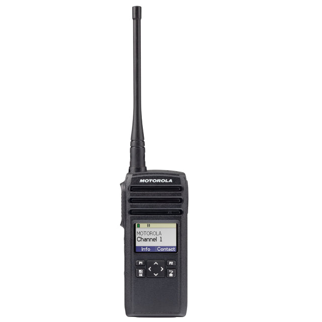 Front view of the Motorola DTR700 digital two-way radio with antenna and color display