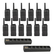 Set of 12 Motorola RMU2043 UHF two-way radios with two multi-unit chargers and belt holsters