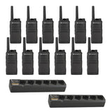 Set of 12 Motorola RMU2043 UHF two-way radios with two multi-unit chargers and belt holsters