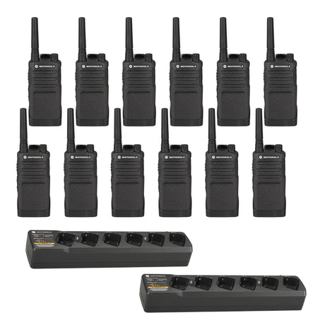 Set of 12 Motorola RMU2043 UHF two-way radios with two multi-unit chargers and belt holsters