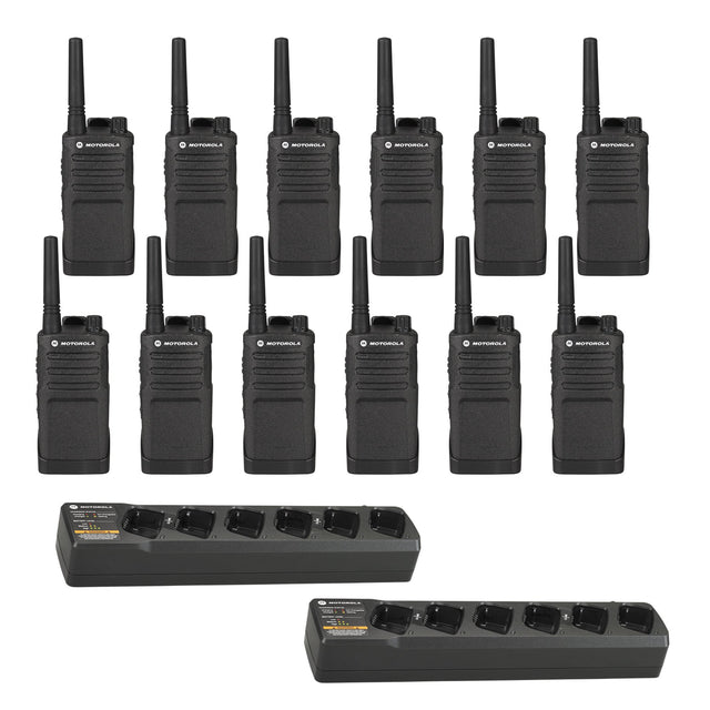 Set of 12 Motorola RMU2043 UHF two-way radios with two multi-unit chargers and belt holsters