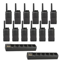 
              Set of 12 Motorola RMU2043 UHF two-way radios with two multi-unit chargers and belt holsters
            