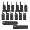 Set of 12 Motorola RMU2043 UHF two-way radios with two multi-unit chargers and belt holsters