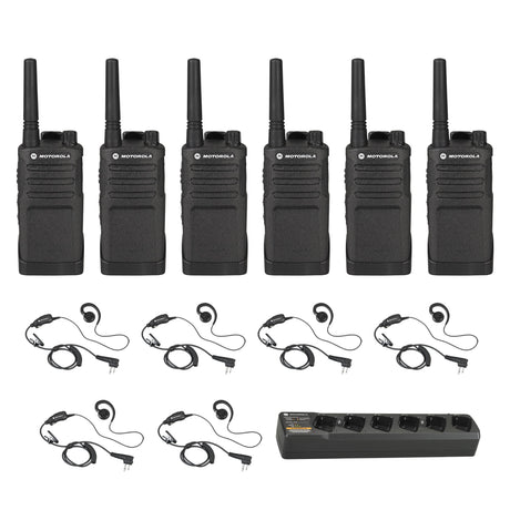Motorola RMU2043 6-pack UHF two-way radios with six discreet headsets and one multi-unit charger