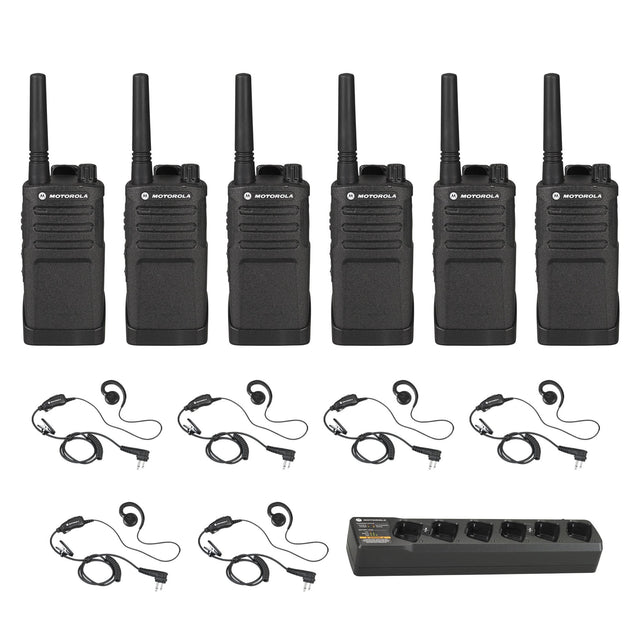 Motorola RMU2043 6-pack UHF two-way radios with six discreet headsets and one multi-unit charger